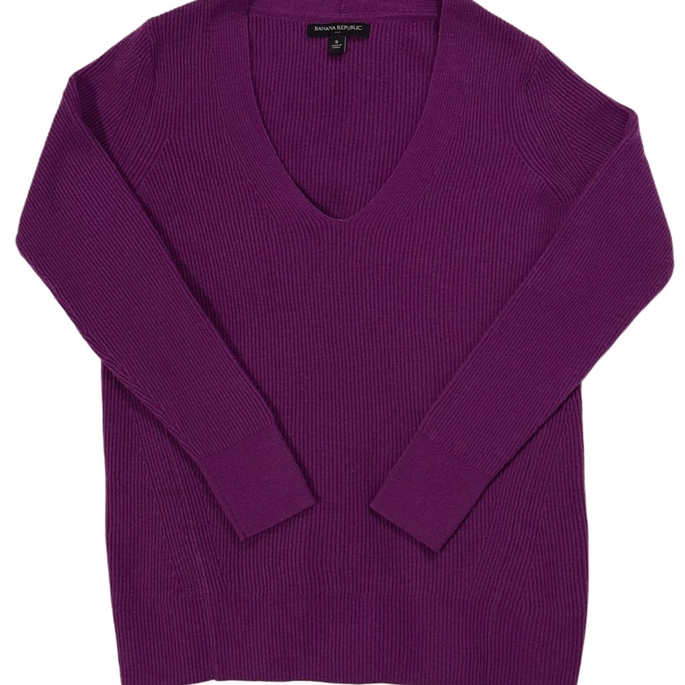 Banana Republic Ribbed V-Neck Sweater Small Purple Plum Wool Blend Long Sleeve - Picture 8 of 9